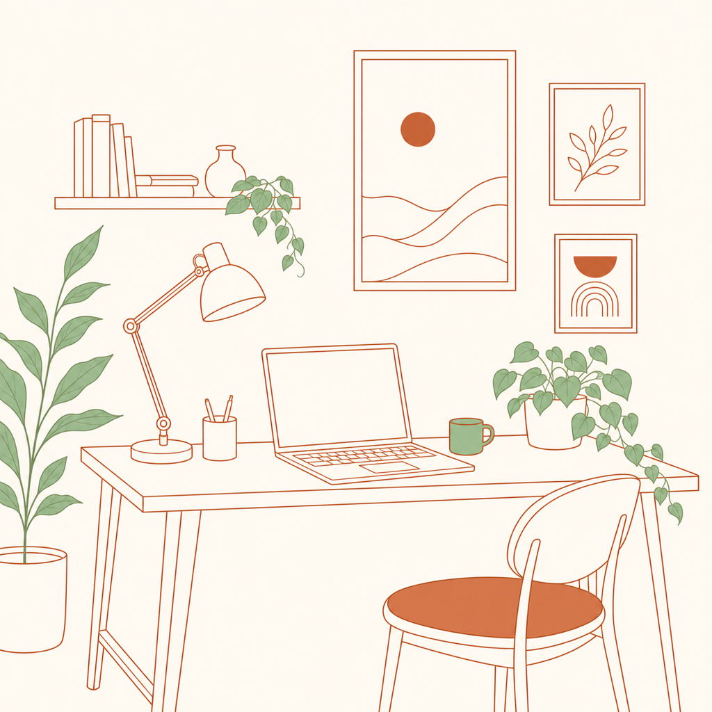 Warm editorial illustration of a small studio workspace in terracotta and cream tones